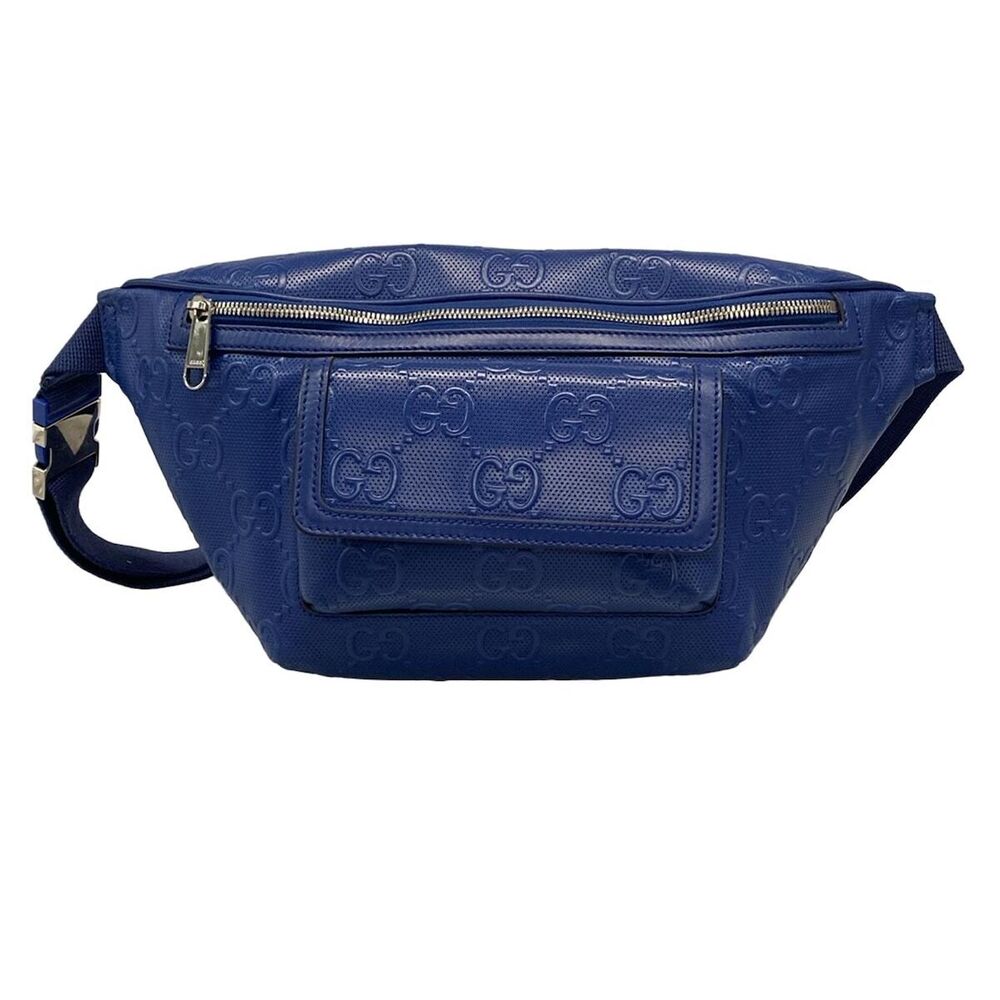 GUCCI GG Embossed Belt Bag Waist Clutch Perforated Blue Leather